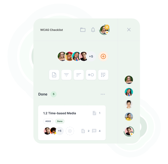 WCAG checklist feature in Tabnav Academy, showing a task for 'Time-based Media' marked as done, with team members displayed for collaboration.