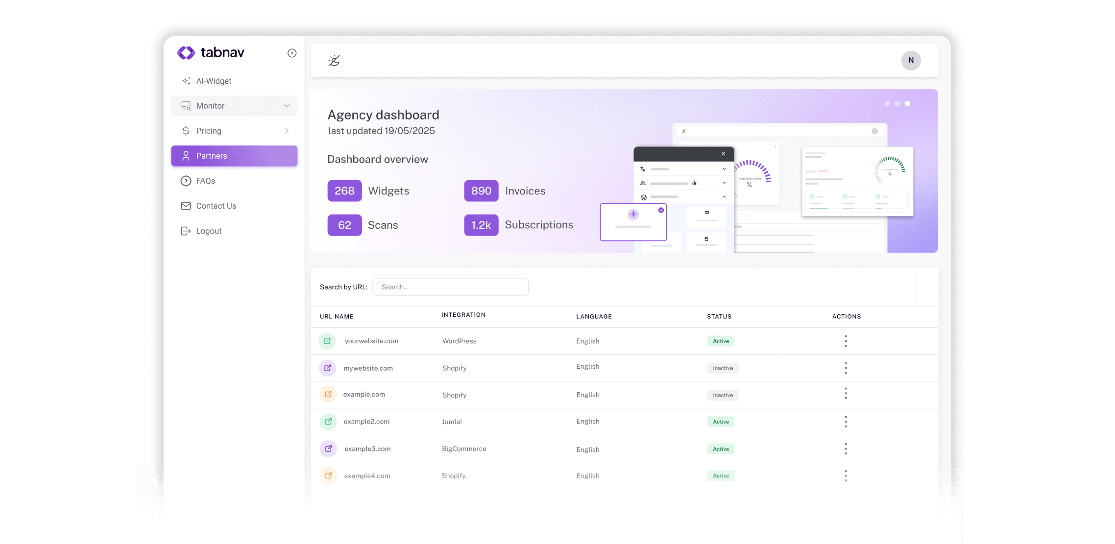 tabnav AI accessibility widget with 'text position' function pressed, in front of partner dashboard 'My Sites' page listing domains.