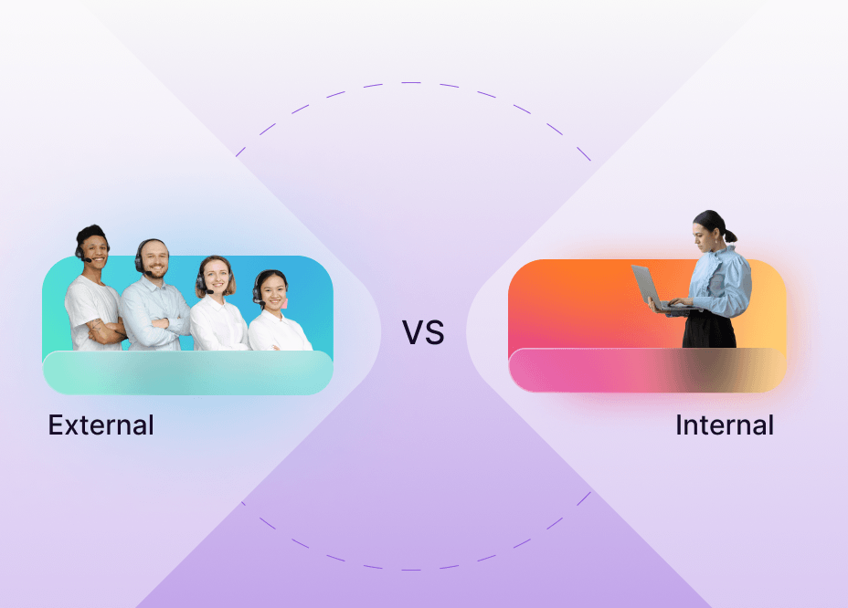 Comparison of external vs. internal teams for web accessibility, with a group of external experts on the left and a single internal team member on the right.