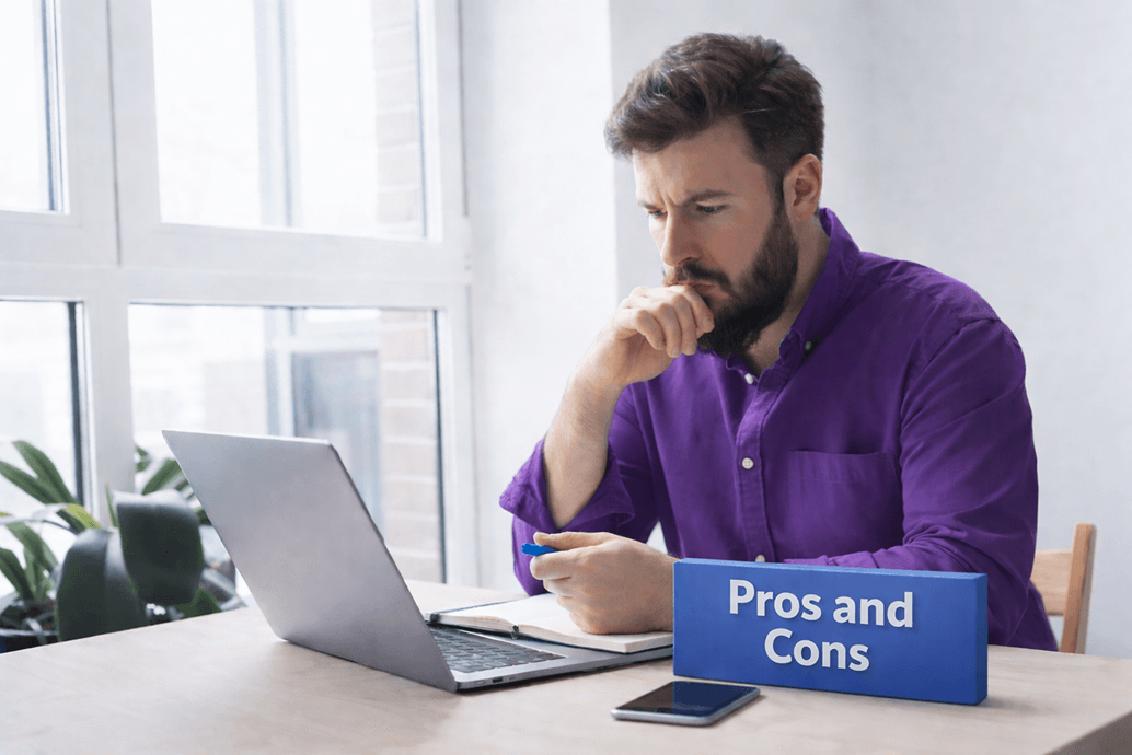 Reviewer analyzing the pros and cons of the AccessiBe accessibility widget while evaluating website accessibility on a laptop.