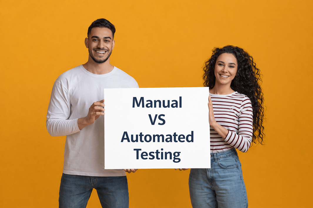 ADA compliance audit comparison showing manual vs automated testing on a clear sign held by two people
