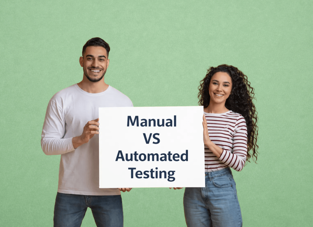 Two people holding a sign comparing manual vs automated testing, representing different approaches to ADA compliance testing.