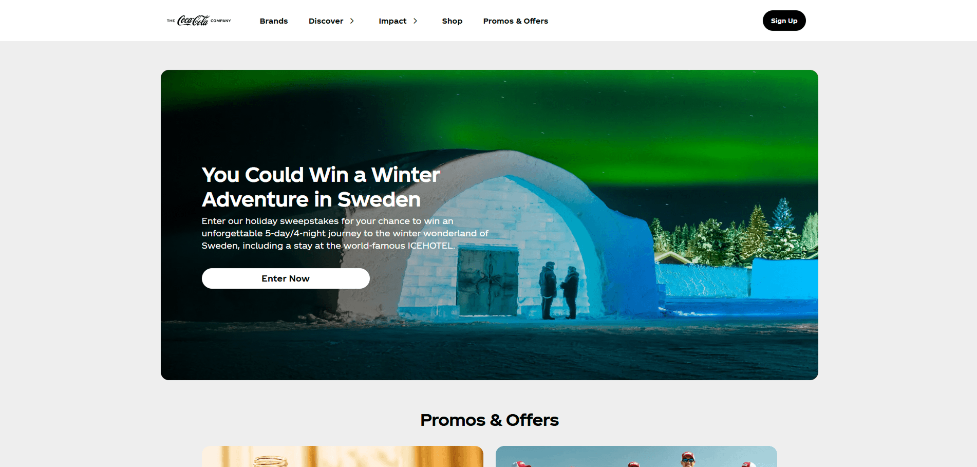 Desktop view of the Coca-Cola website showing an accessible promotional banner, clear call-to-action button, and readable content as an example of an ADA-compliant website.