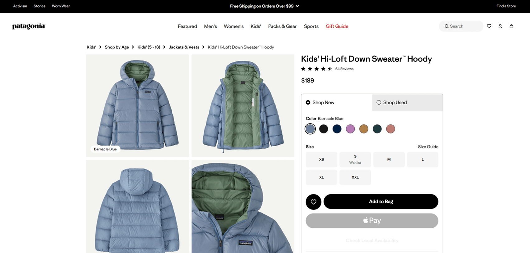 Desktop view of Patagonia's ADA-compliant e-commerce website showing an accessible product page with clear navigation, color options, and size selection.