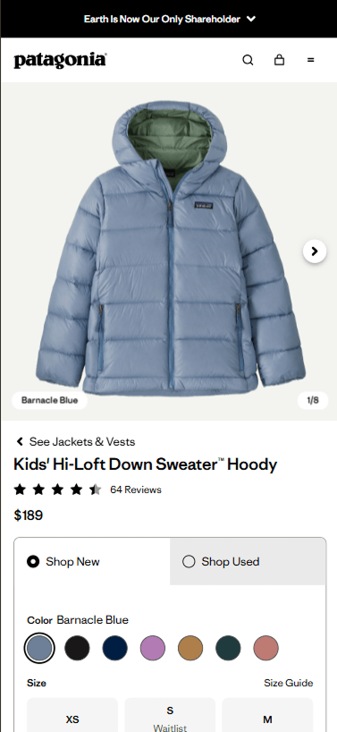 Mobile view of Patagonia's ADA-compliant website displaying an accessible product page with readable text and touch-friendly controls.