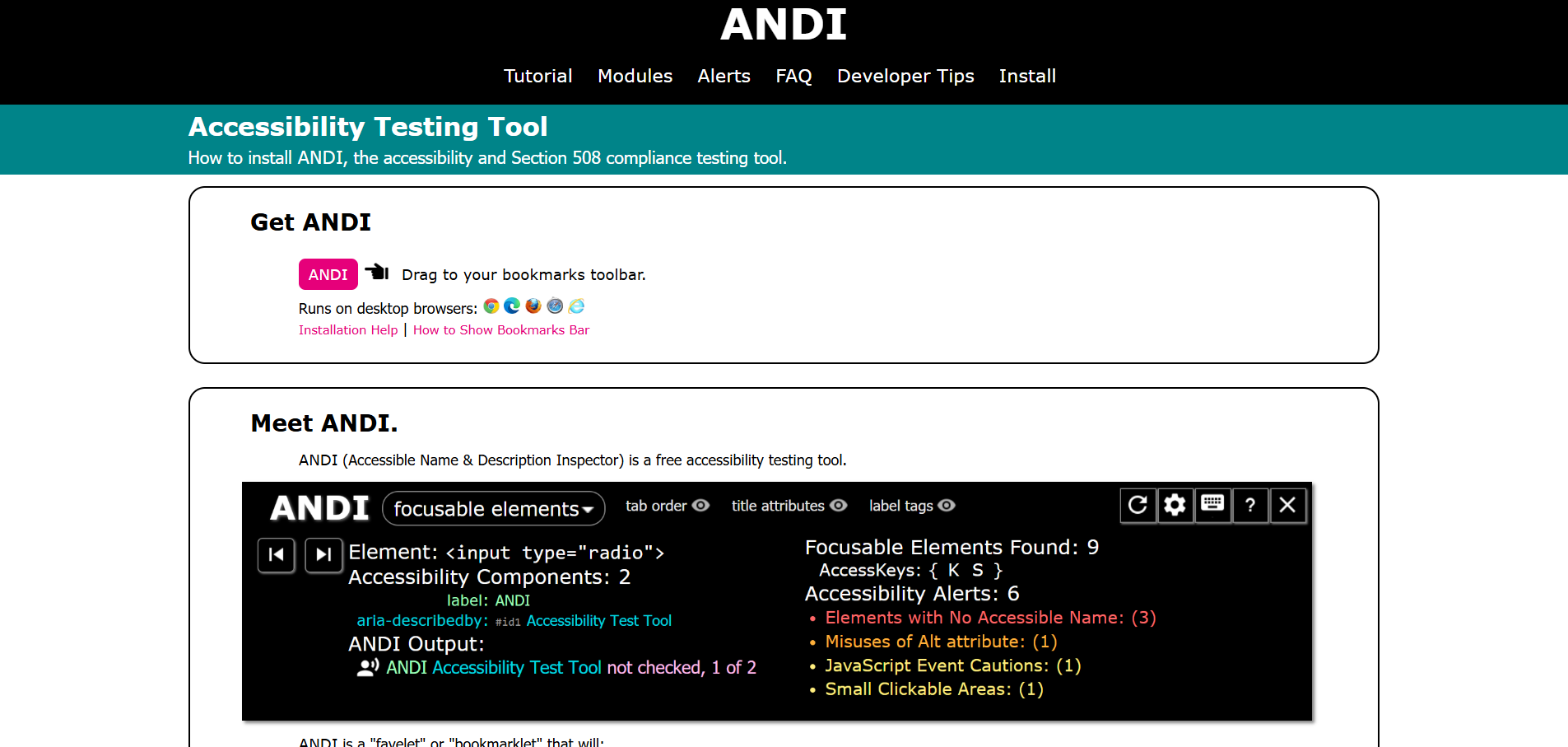 andi accessibility tool landing page