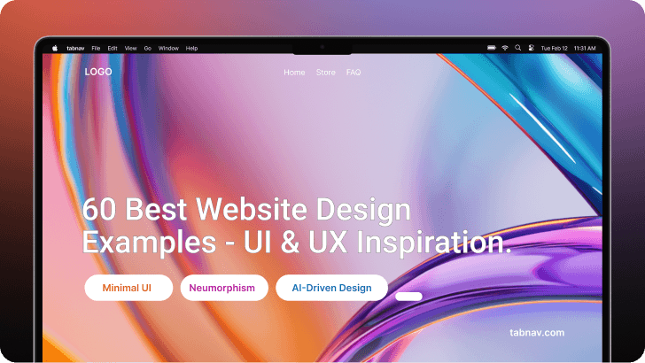 Mockup header showing “60 Best Website Design Examples for 2025” with colorful gradient UI background and modern web design elements.