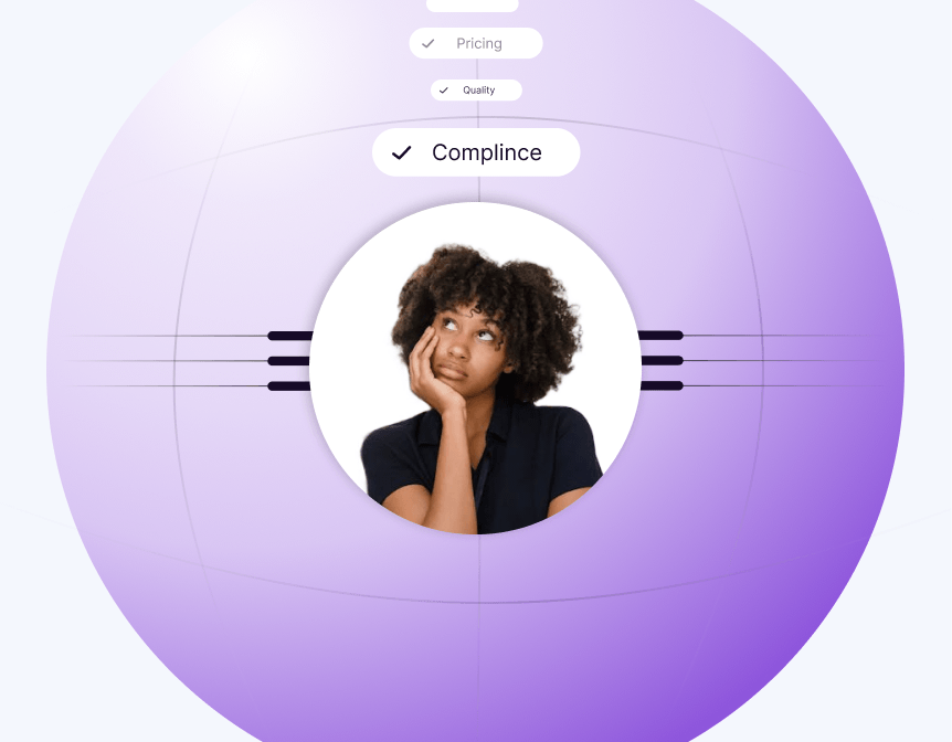 A person considering compliance as a key factor in choosing a web accessibility partner, with a checklist highlighting compliance, pricing, and quality.