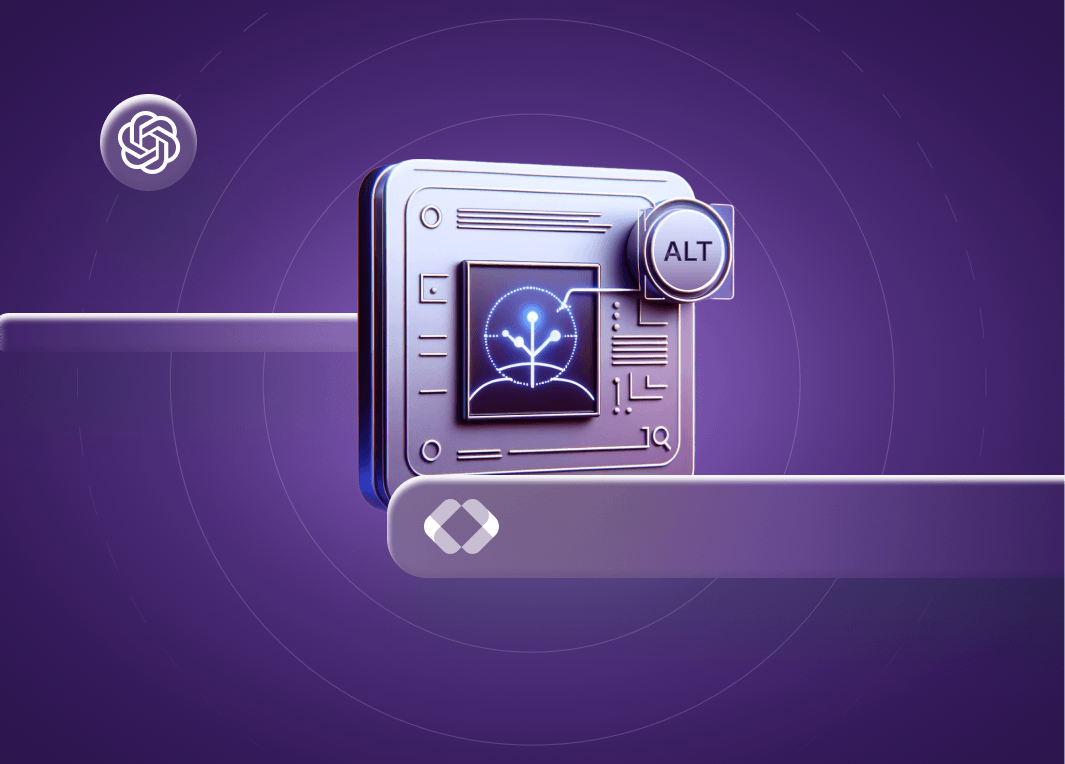 AI-generated alt text concept, featuring a futuristic chip with a digital image and an 'ALT' key, symbolizing the intersection of AI technology and web accessibility.