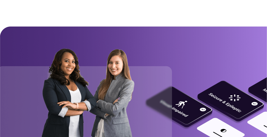 Two professional women standing confidently, with accessibility icons in the background, symbolizing a commitment to inclusive digital experiences.