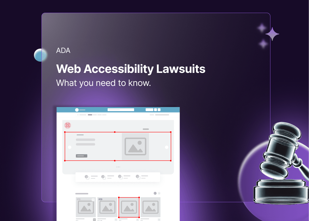 Visual representation of ADA web accessibility lawsuits, featuring a webpage with highlighted sections and a gavel symbolizing legal action.