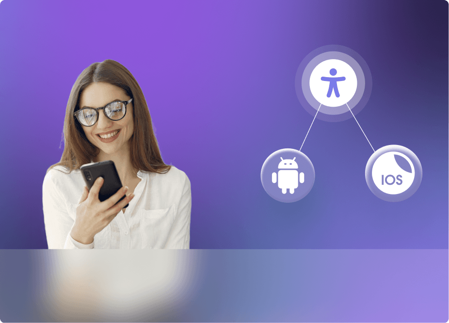 A woman using a smartphone with icons representing accessibility, Android, and iOS, highlighting mobile app accessibility.