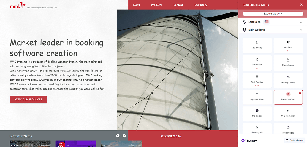 Font accessibility feature shown through an accessibility menu highlighting readable fonts options on a website interface.
