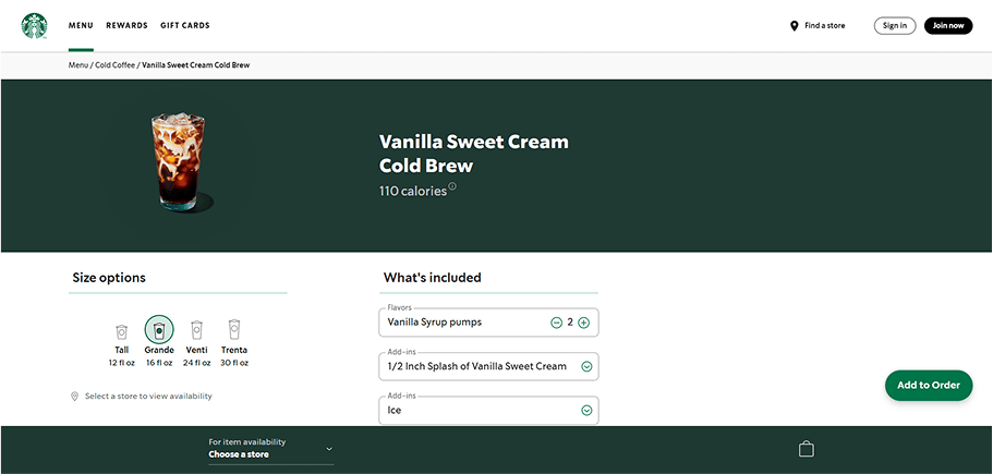Starbucks custom product page accessibility example
