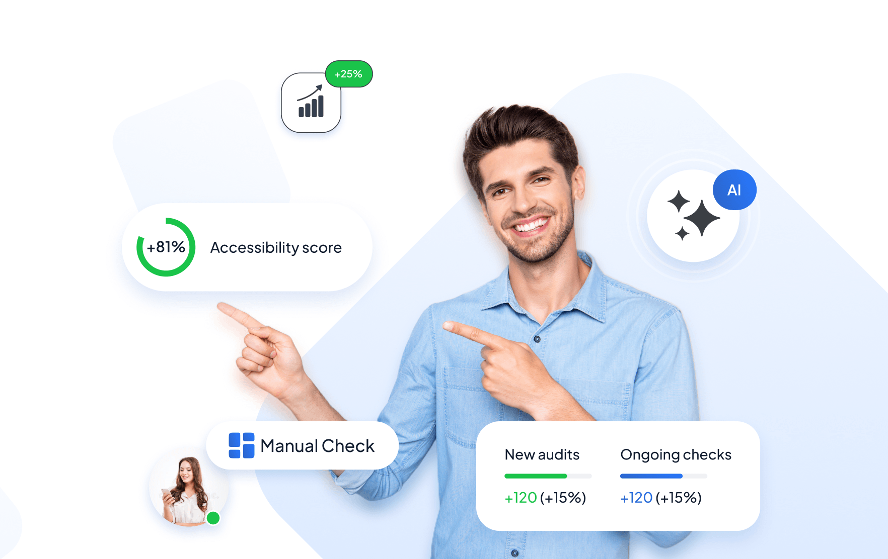 A woman using a smartphone with icons representing accessibility, Android, and iOS, highlighting mobile app accessibility.