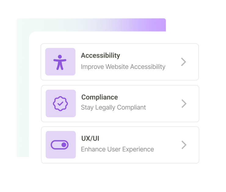 UI-style menu with three stacked options: Accessibility (Improve Website Accessibility), Compliance (Stay Legally Compliant), and UX/UI (Enhance User Experience). Each option includes a purple icon.