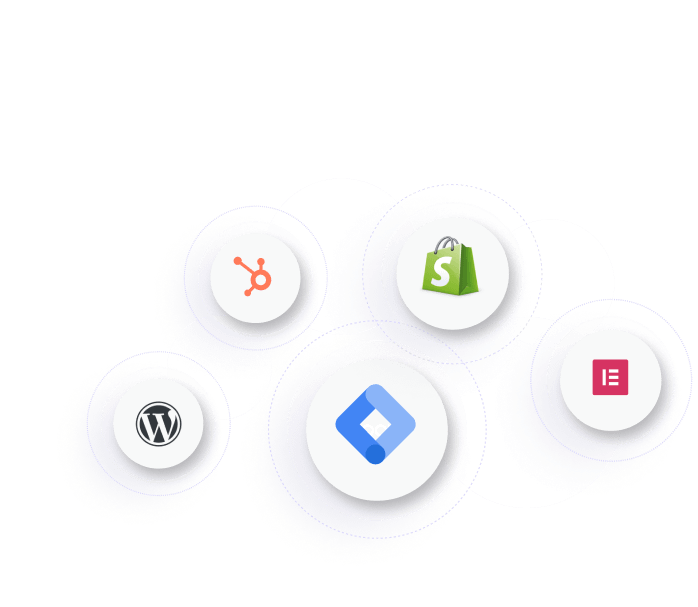Four circles representing main known website platforms and management tools: HubSpot logo, Shopify logo, WordPress logo, and Google Tag Manager logo.
