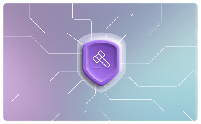  A shield icon with a gavel symbol in the center, representing legal protection, set against a gradient background with circuit-like lines.
