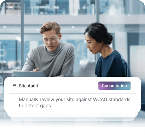 A man and woman sitting at a table, reviewing a laptop screen. Below them is a card labeled Site Audit with a Consultation button, highlighting WCAG standards review.
