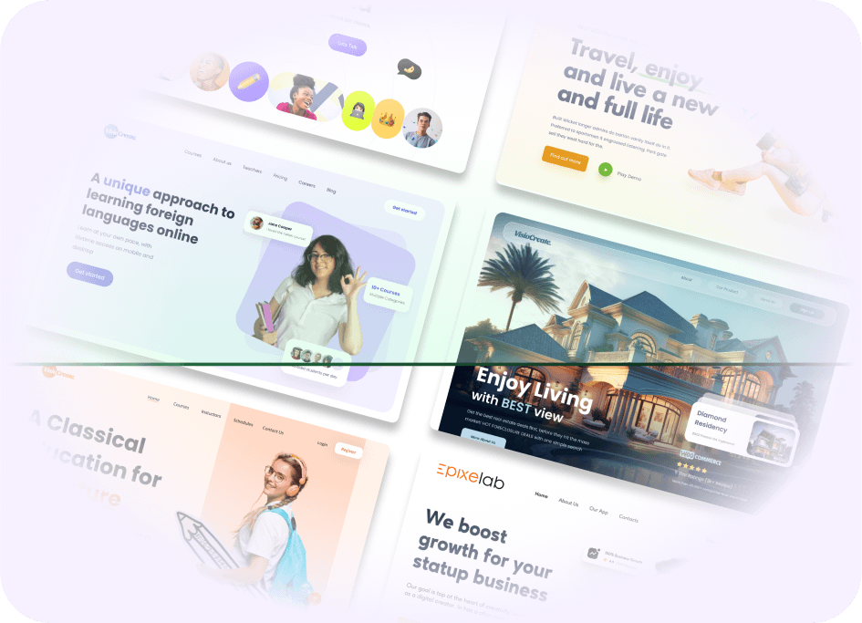 A simple showcase of various website designs displayed in a browser-style layout, featuring diverse themes like education, travel, real estate, and business.