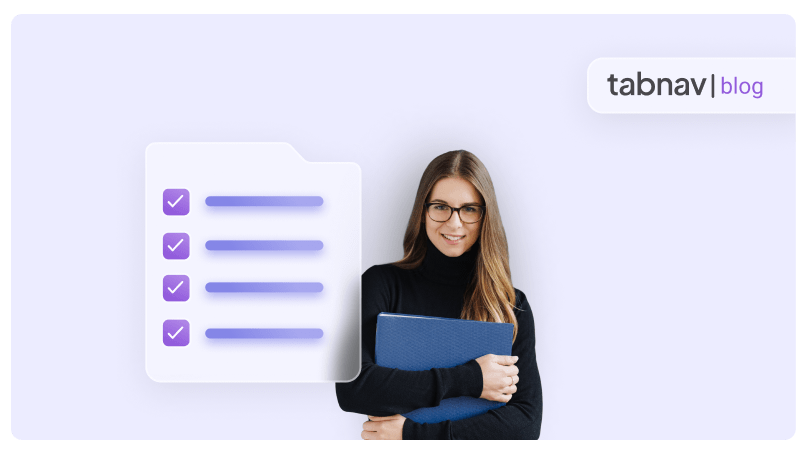  Woman holding a folder next to a checklist and tabnav blog logo.