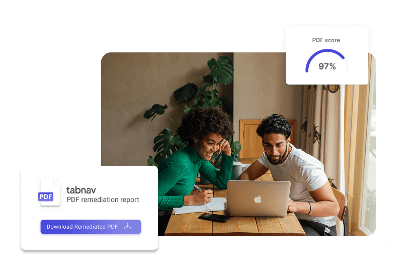 A smiling man and woman sitting at a wooden table with a laptop and notebook. A floating card displays a tabnav PDF remediation report with a Download Remediated PDF button, and a score of 97 percent is shown in a separate floating element.