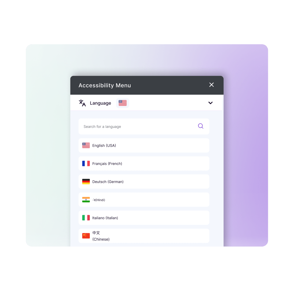 Illustration of the Languages section on our accessibility widget, highlighted with a magnifying glass design.