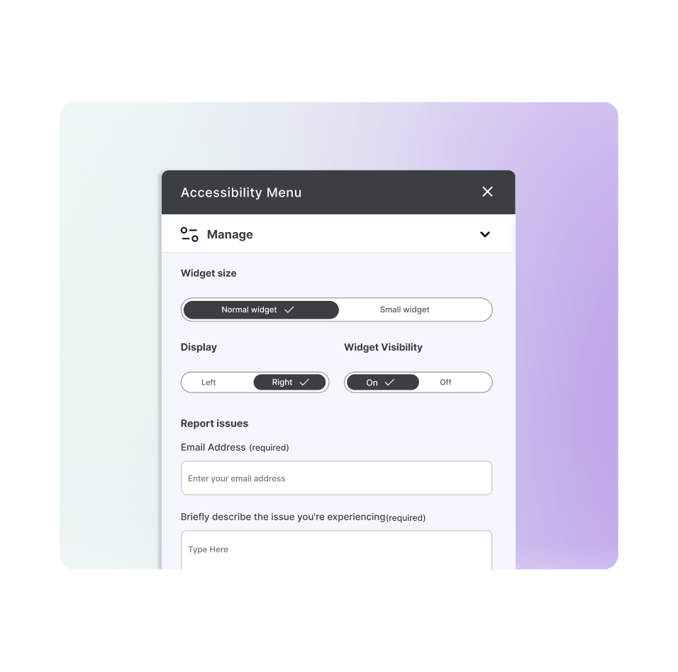 Illustration of the Report an Issue section on our accessibility widget, highlighted with a magnifying glass design.