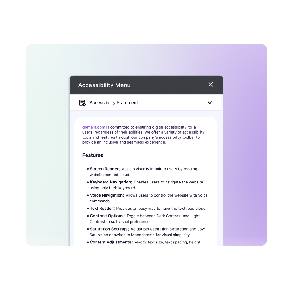 Illustration of the Accessibility Statement section on our accessibility widget, highlighted with a magnifying glass design.