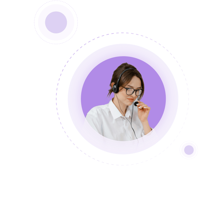 Customer service representative looking to the side with headphones on, ready to help.