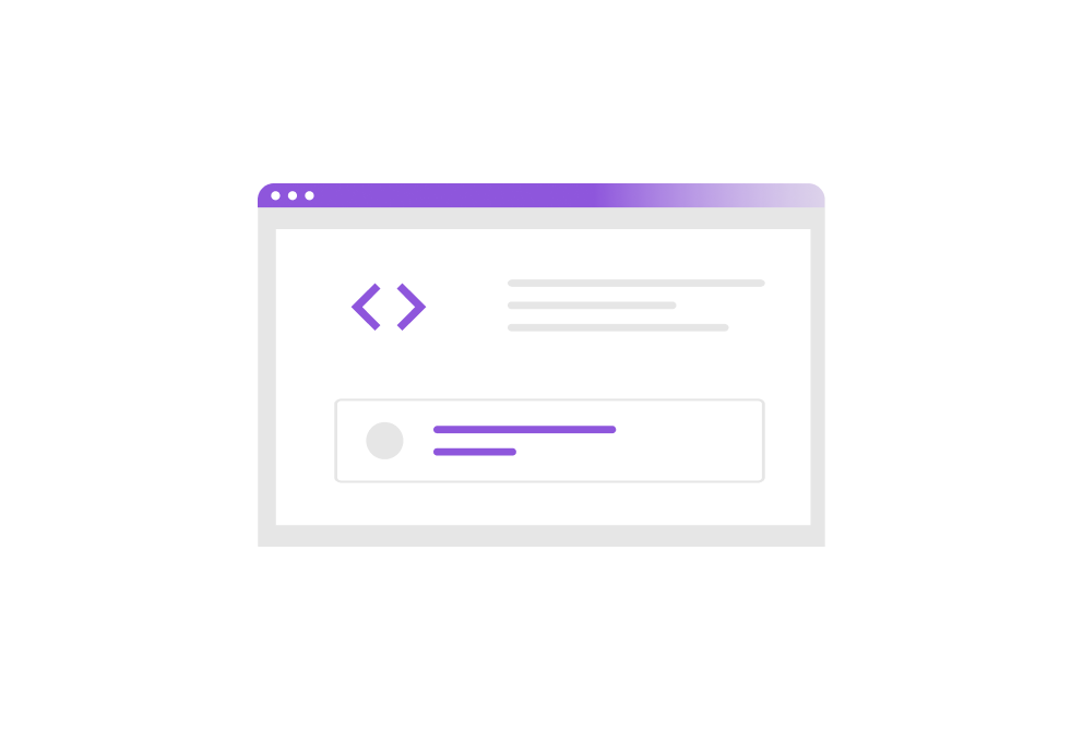 Browser window displaying a code icon, text placeholders, and a highlighted section with a profile placeholder and progress bar.
