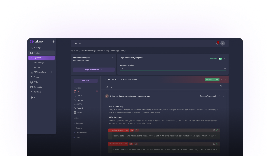 screenshot of the web accessibility monitor